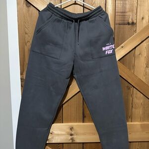 White fox Gray Sweatpants with pink writing